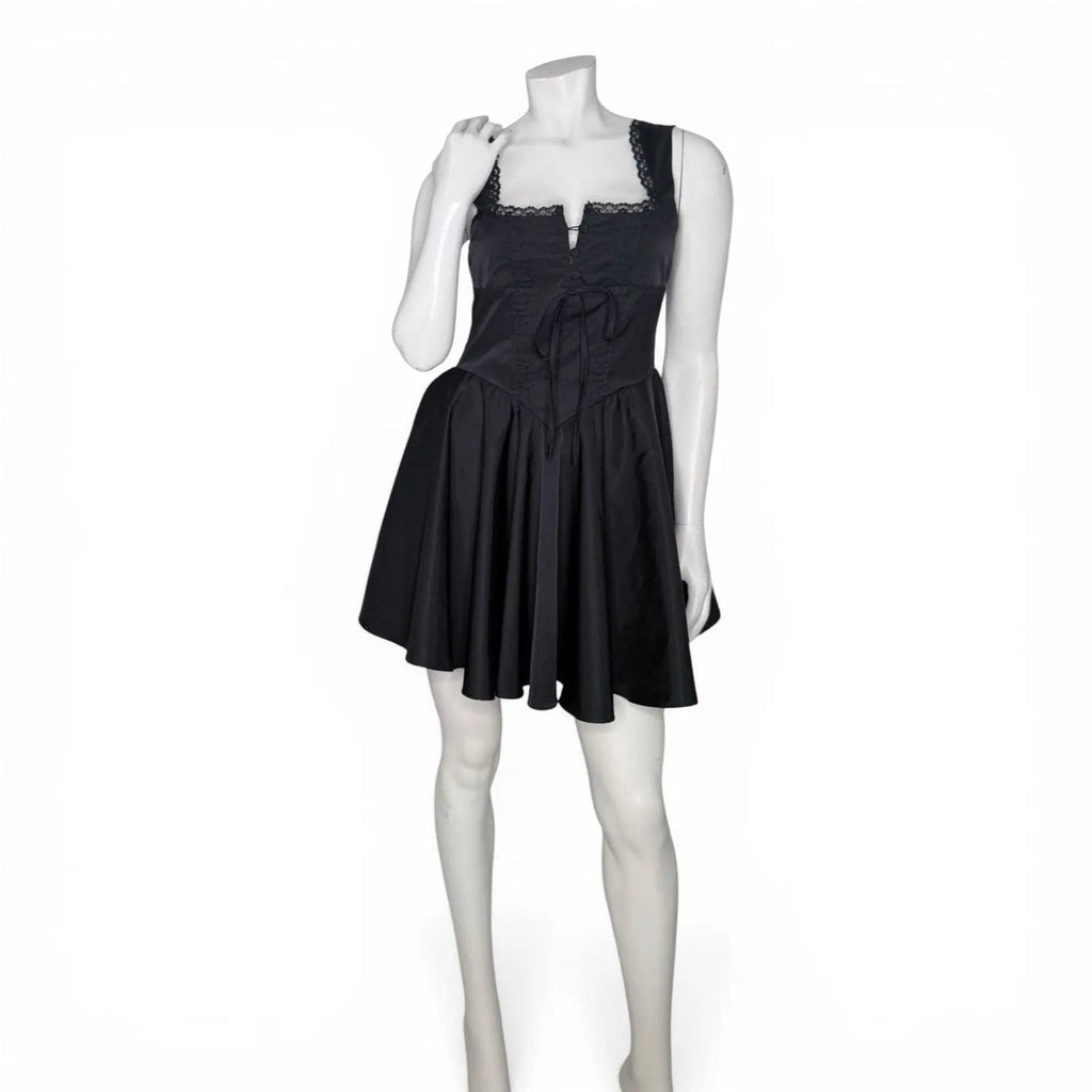Black Sleeveless Lace Trim Corset Mini Dress Retro Stage
