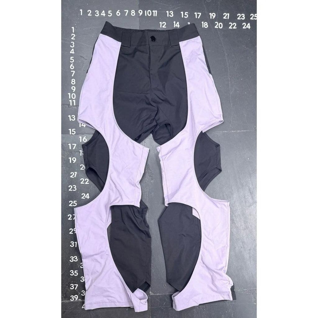 Lavender and Black Two-Tone Cut-Out Techwear Pants Fashion Trousers Size S Unbranded