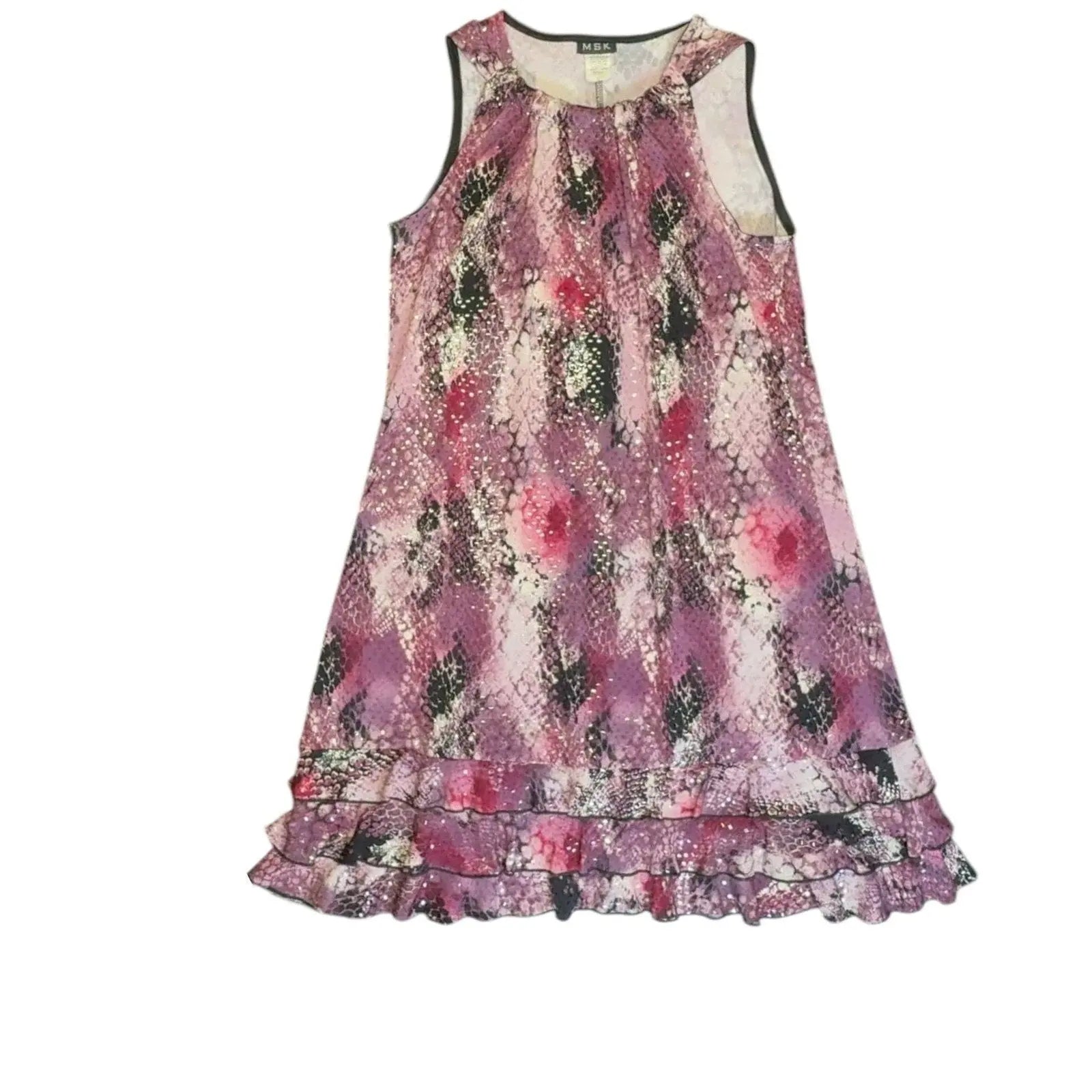 MSK Snakeskin Print Ruffle Hem Mini Dress with Sequins - Pink/Purple MSK