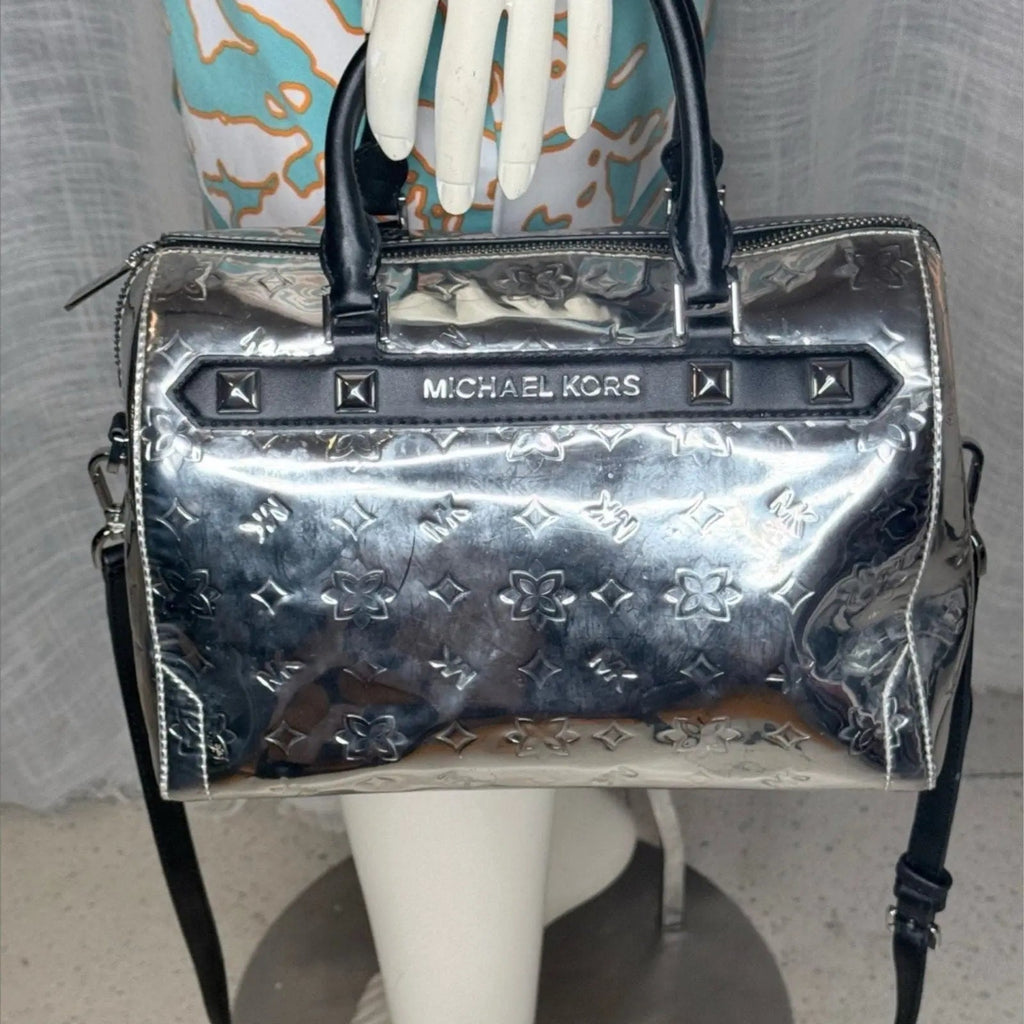 Michael Kors Kara Metallic Silver Mirror Leather Satchel Duffel Bag Michael Kors