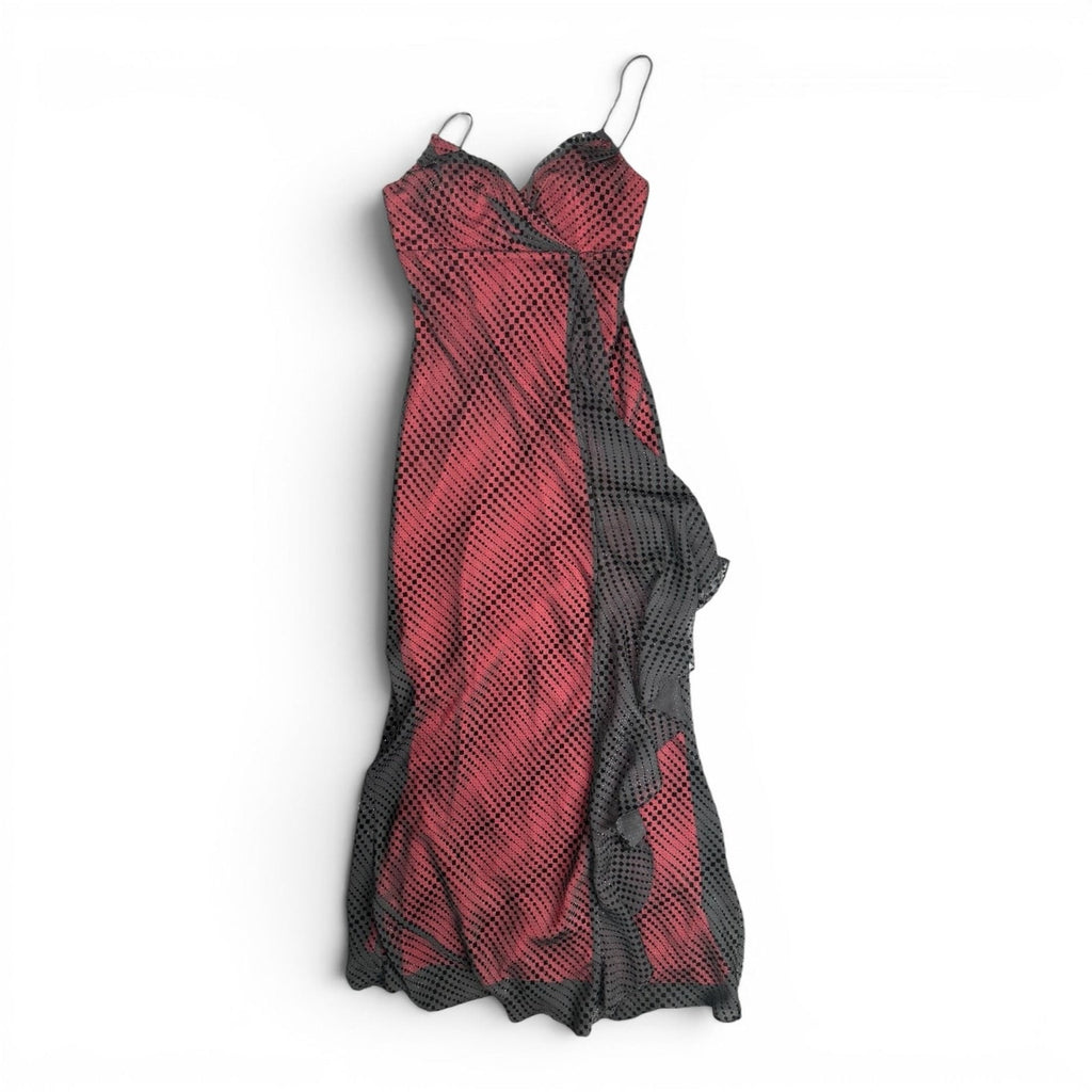 De Laru Collection Vintage Red & Black Mesh Overlay Ruffle Maxi Dress Size 5/6