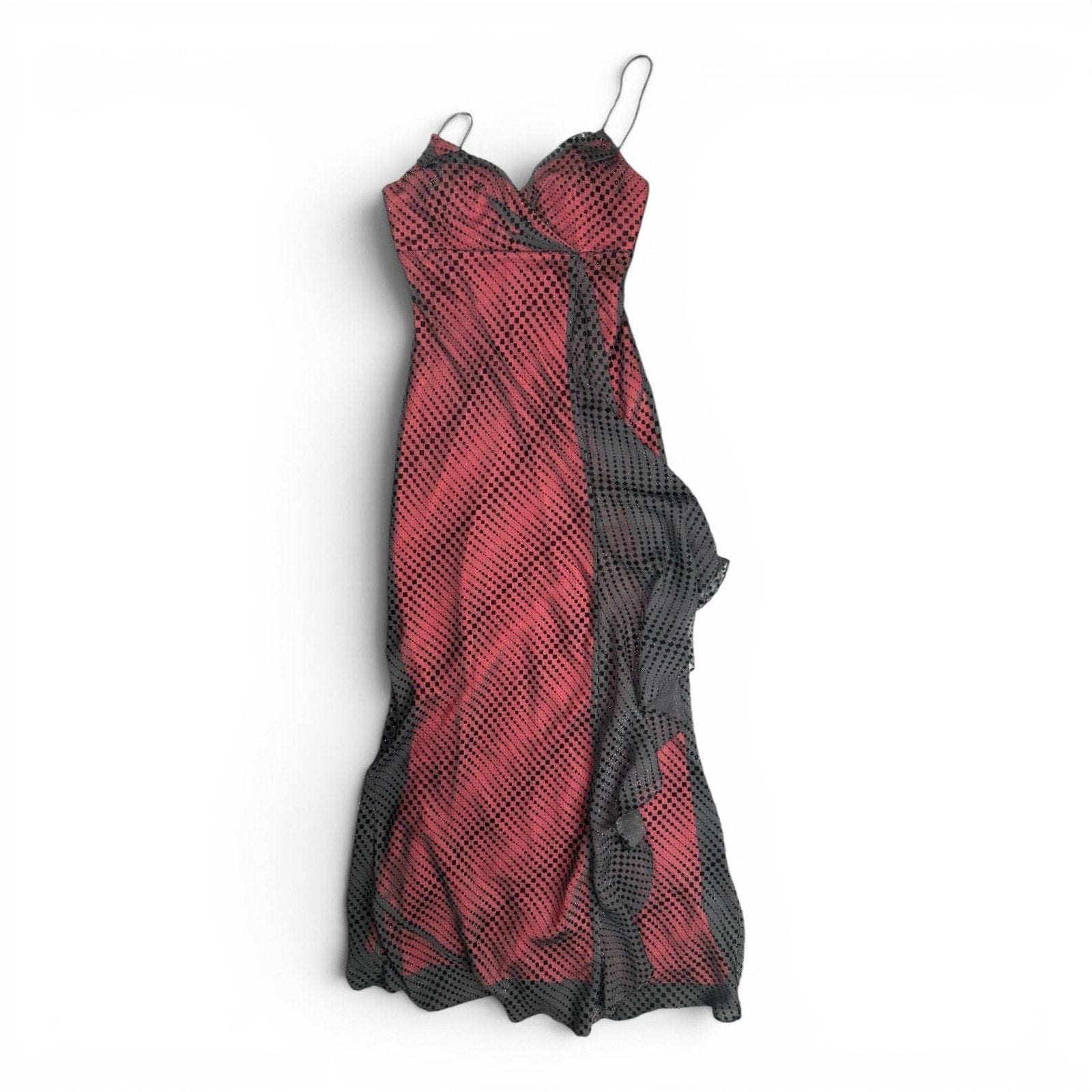 De Laru Collection Vintage Red & Black Mesh Overlay Ruffle Maxi Dress Size 5/6