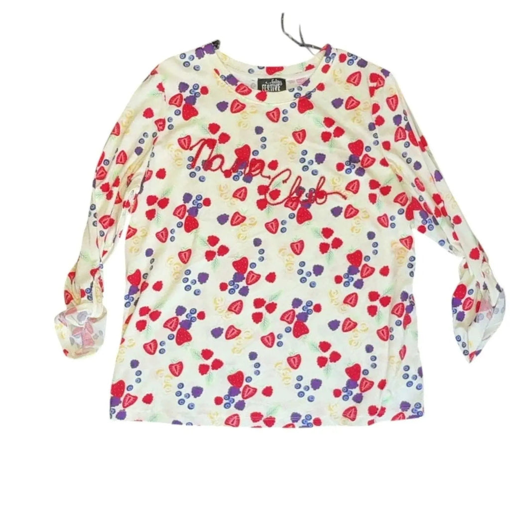 Feeling Festive Fruit Club Long Sleeve Graphic Tee Size L Cream Berry Print None and/or Unknown