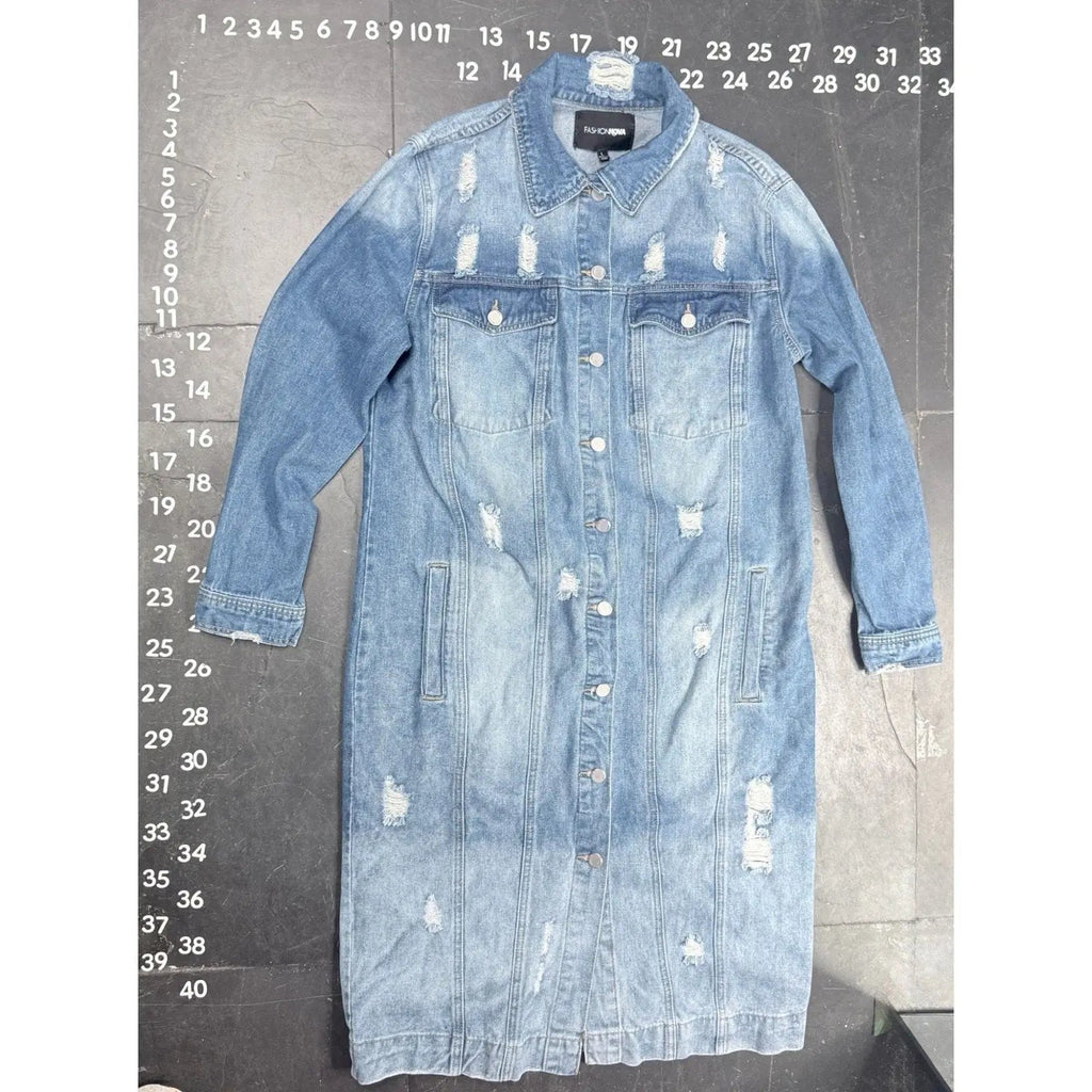 Fashion Nova Long Distressed Denim Jacket Size L Fashion Nova