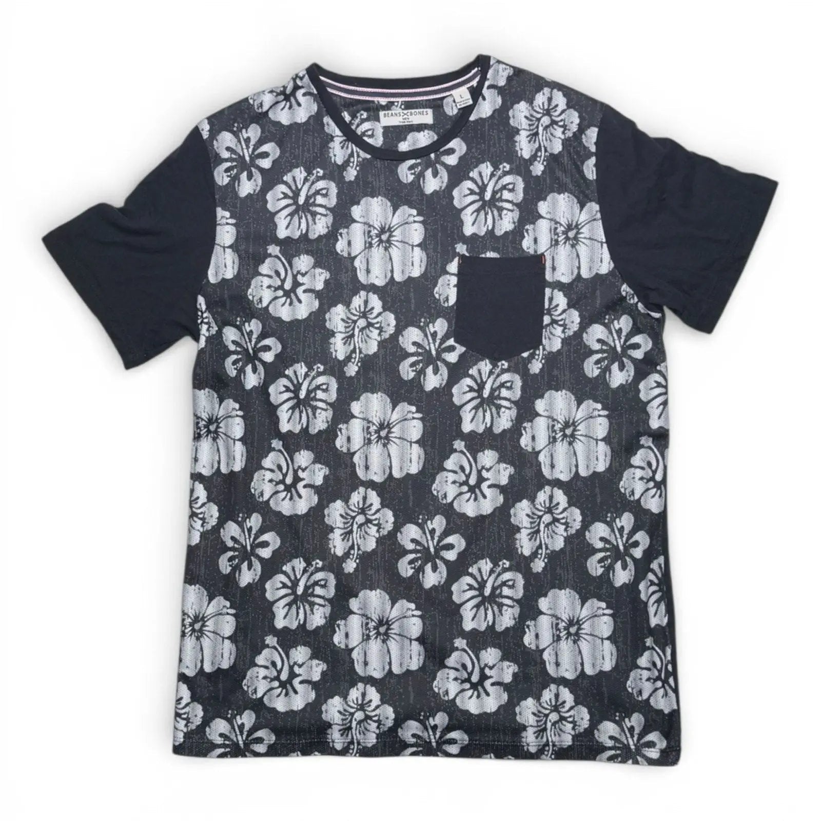 Beans x Bones Men's Hibiscus Print Pocket T-Shirt Size L Beans & Bones