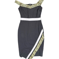 CEFIAN Black Off-The-Shoulder Midi Dress with Gold Greek Key Trim CEFIAN