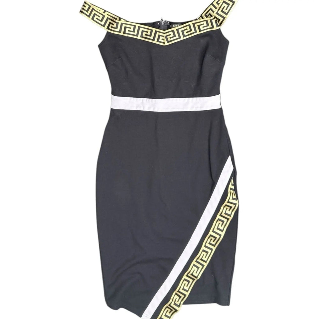 CEFIAN Black Off-The-Shoulder Midi Dress with Gold Greek Key Trim CEFIAN