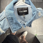 Fashion Nova Long Distressed Denim Jacket Size L Fashion Nova