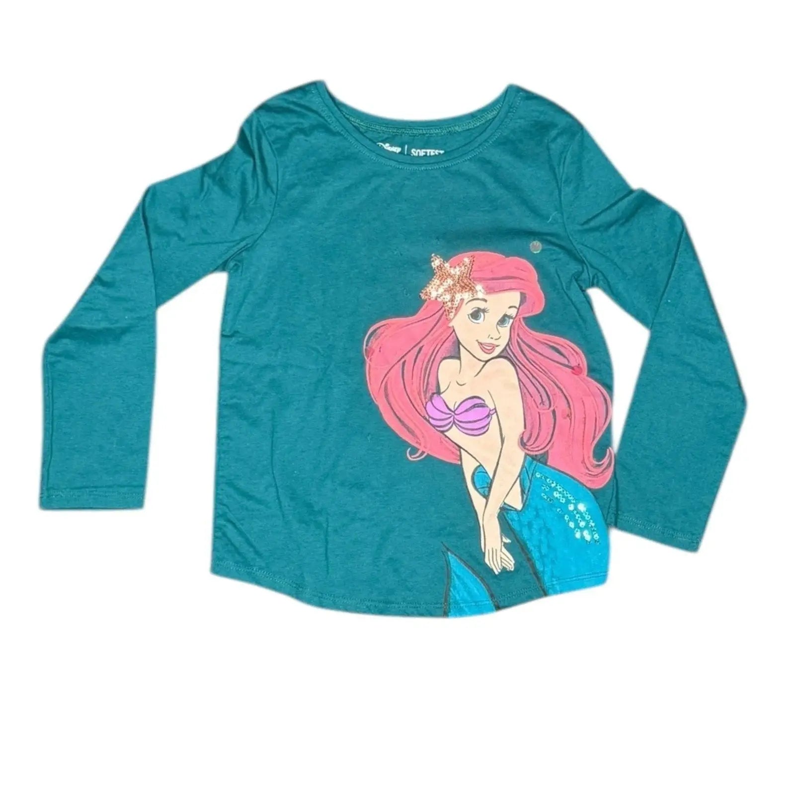 Disney Girls Ariel The Little Mermaid Sequin Accent Long Sleeve Shirt - Teal Disney