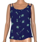 Mine Navy Blue Pineapple and Palm Tree Print Sleeveless Button Down Tank Top Mine
