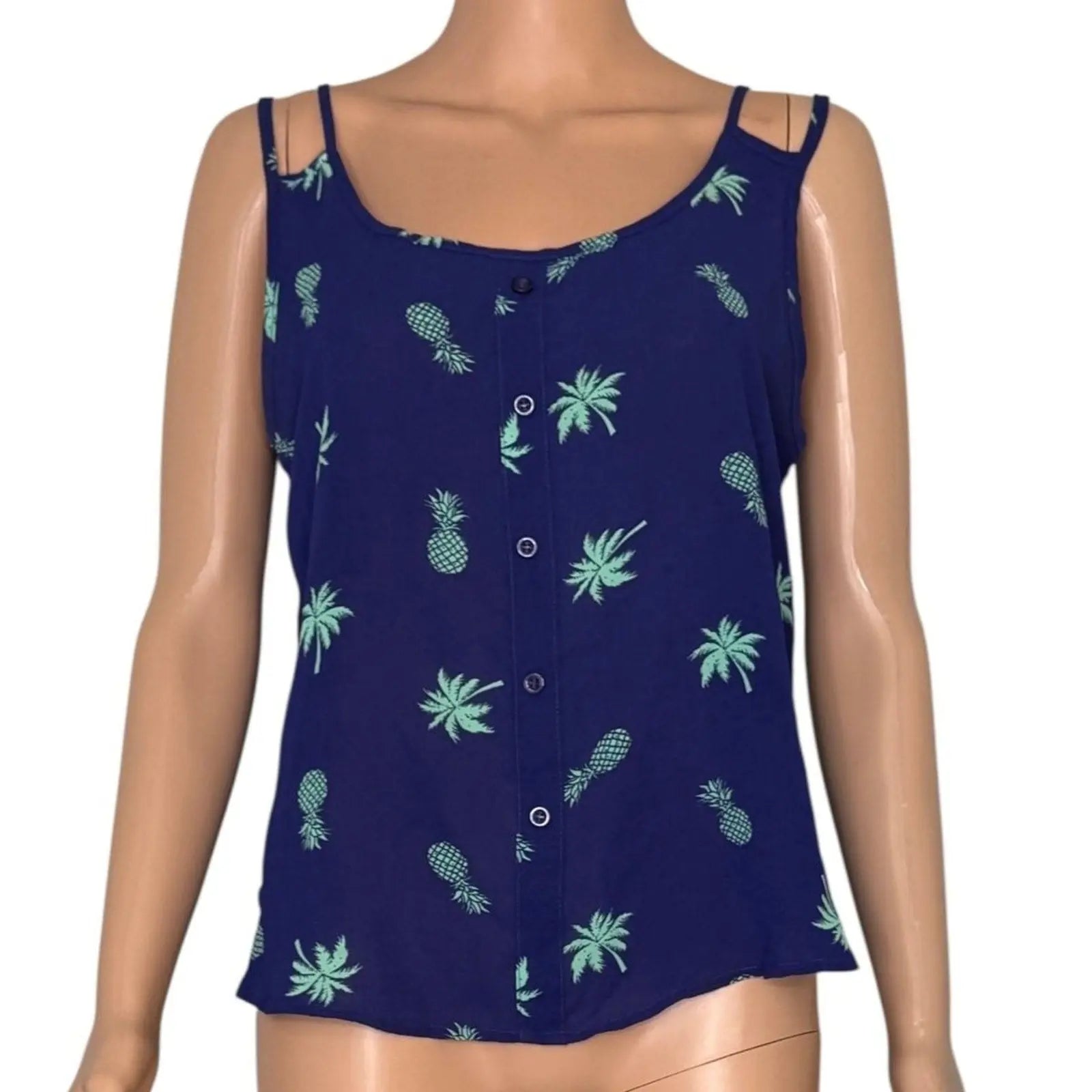 Mine Navy Blue Pineapple and Palm Tree Print Sleeveless Button Down Tank Top Mine
