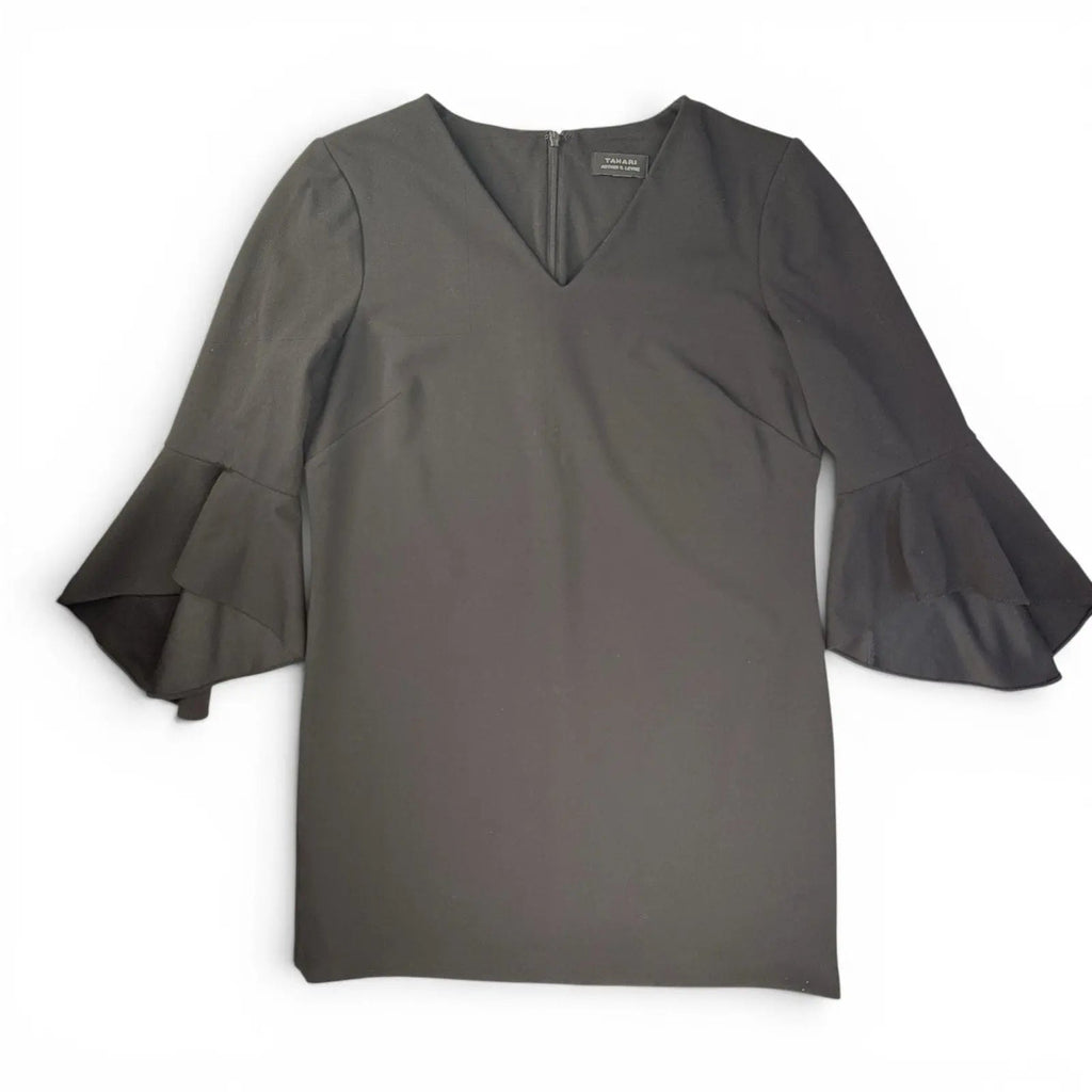 Tahari Arthur S. Levine Black V-Neck Tiered Bell Sleeve Shift Dress Tahari