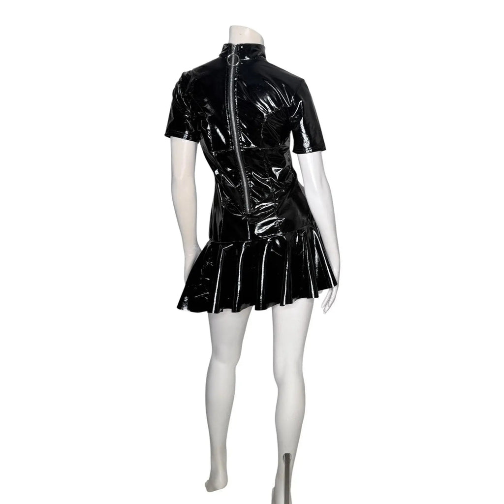 Miaou Frankie Black Latex PVC Short Sleeve Mini Dress with Back O-Ring Zipper Miaou