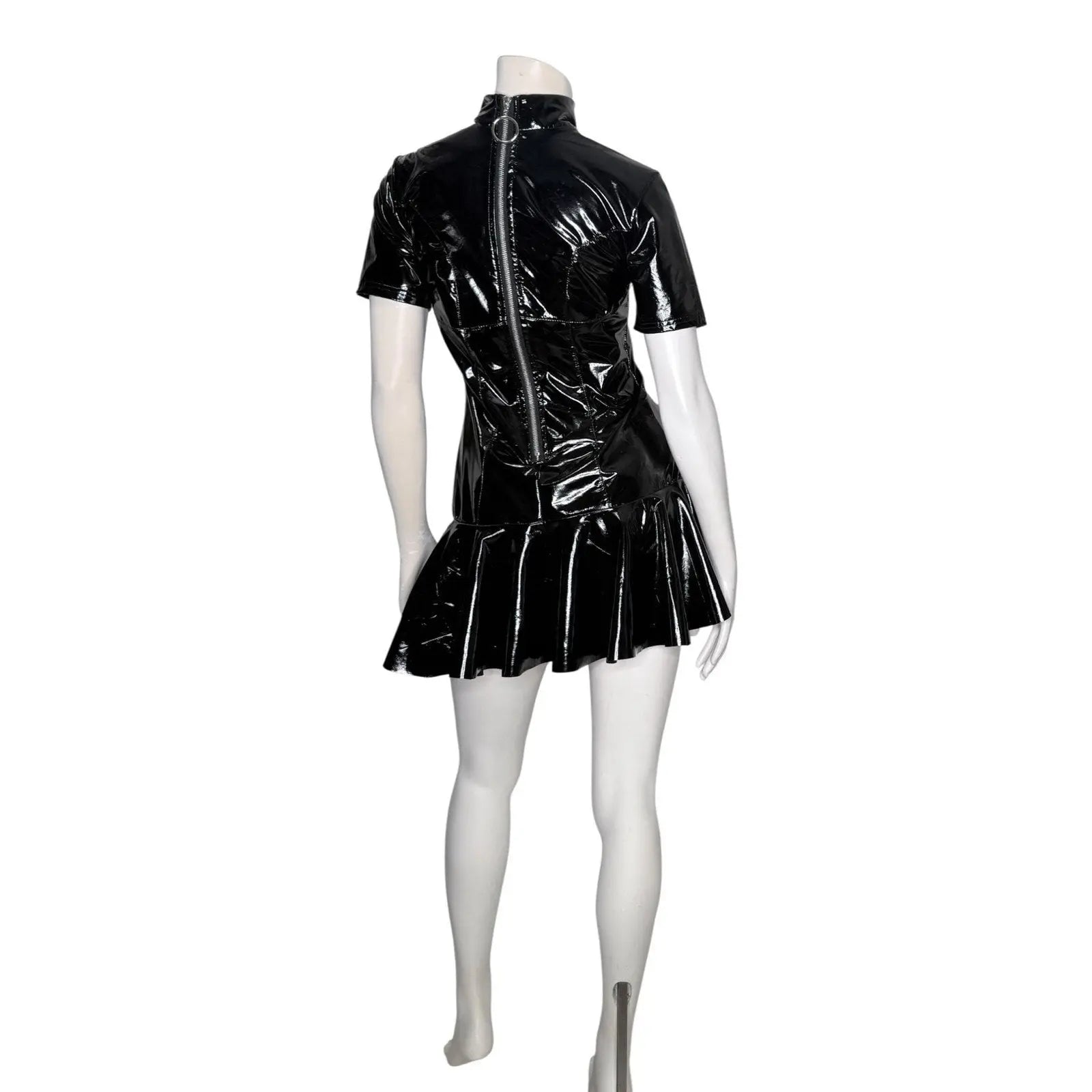 Miaou Frankie Black Latex PVC Short Sleeve Mini Dress with Back O-Ring Zipper Miaou