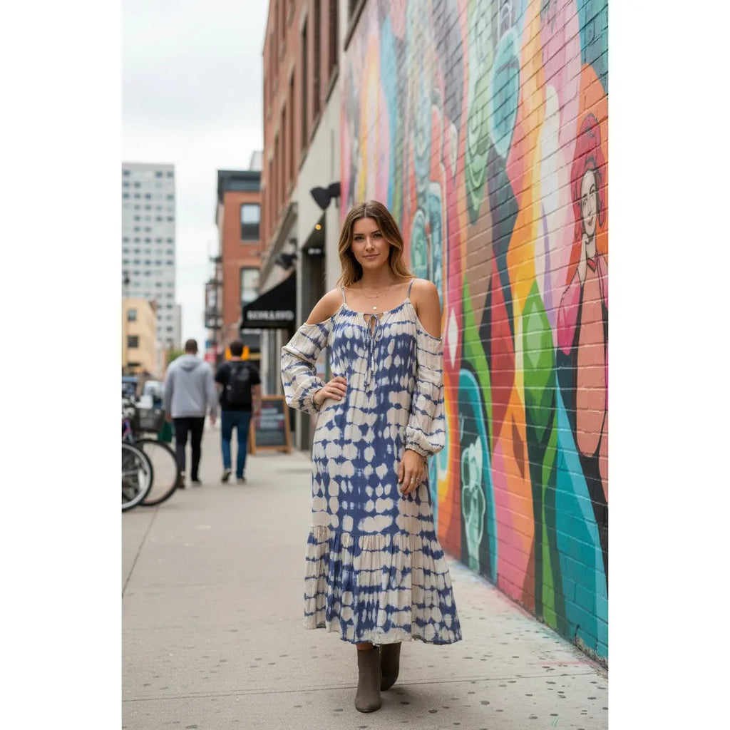 Free People Boho Tie Dye Cold Shoulder Mini Dress Blue/Cream Size Small Free People