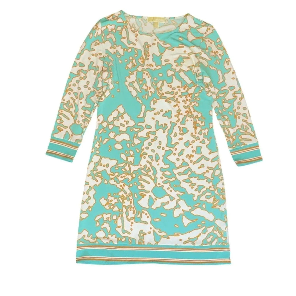 Michael Kors Teal Abstract Print 3/4 Sleeve Shift Dress, Size M giving blooms foundation