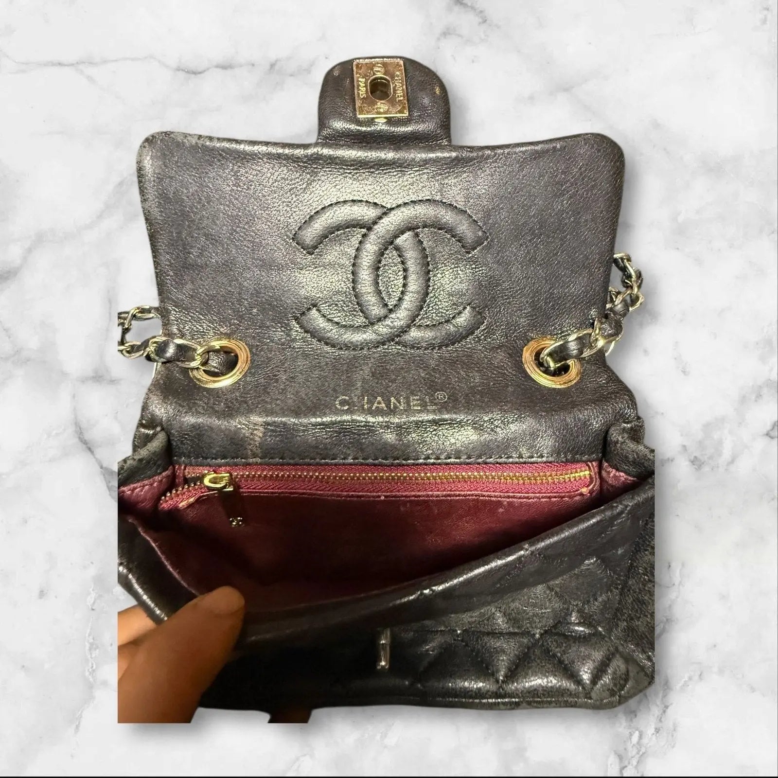 CHANEL Quilted Mini Flap Bag, Metallic Charocoal Leather, Silver-Tone Hardware. Chanel