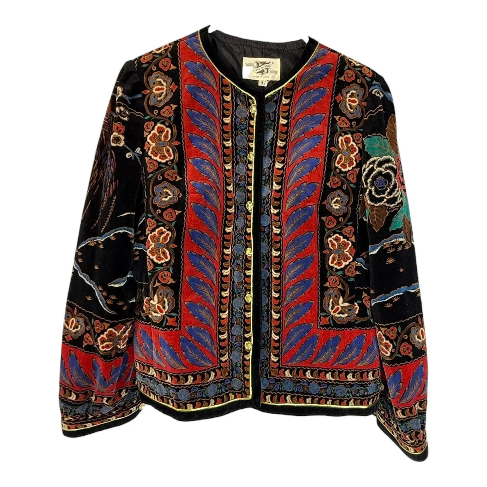 Vintage 80s Saxton Hall Velvet Quilted Boho Oriental Floral Jacket Made in Japan - O.M.T.HRIFT