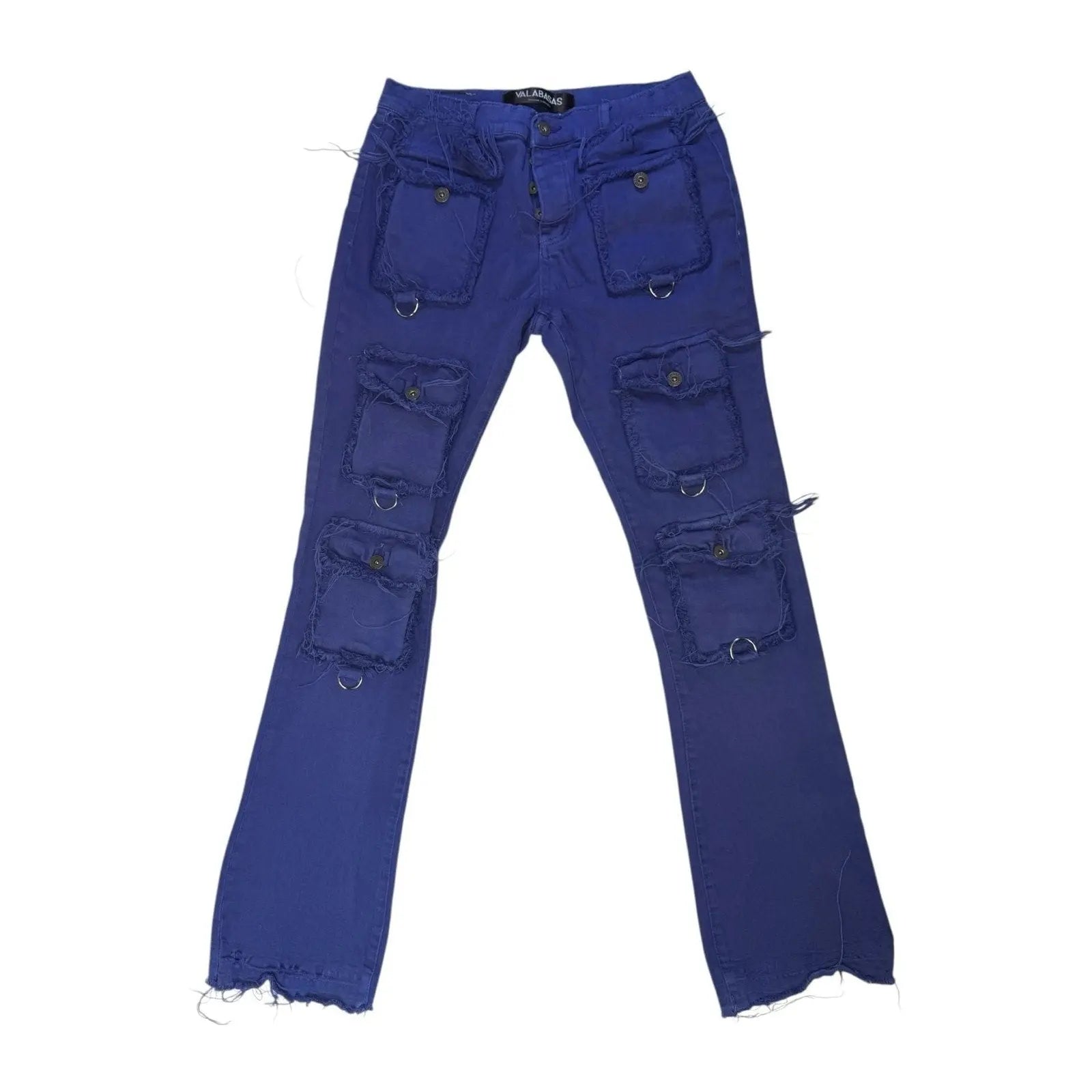 VALABASAS Royal Blue Distressed Multi-Pocket Flare Stacked Cargo Jeans VALABASAS