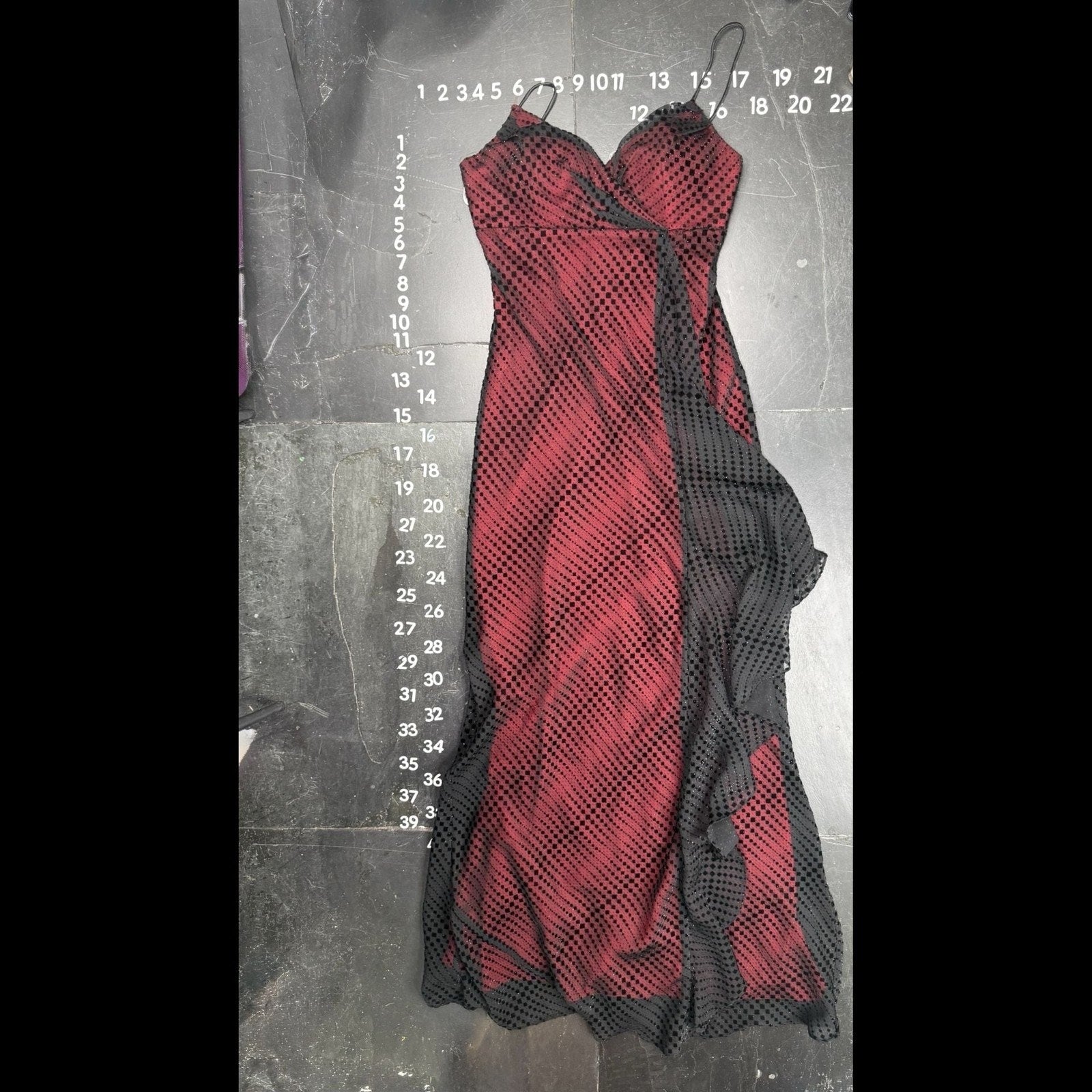 De Laru Collection Vintage Red & Black Mesh Overlay Ruffle Maxi Dress Size 5/6