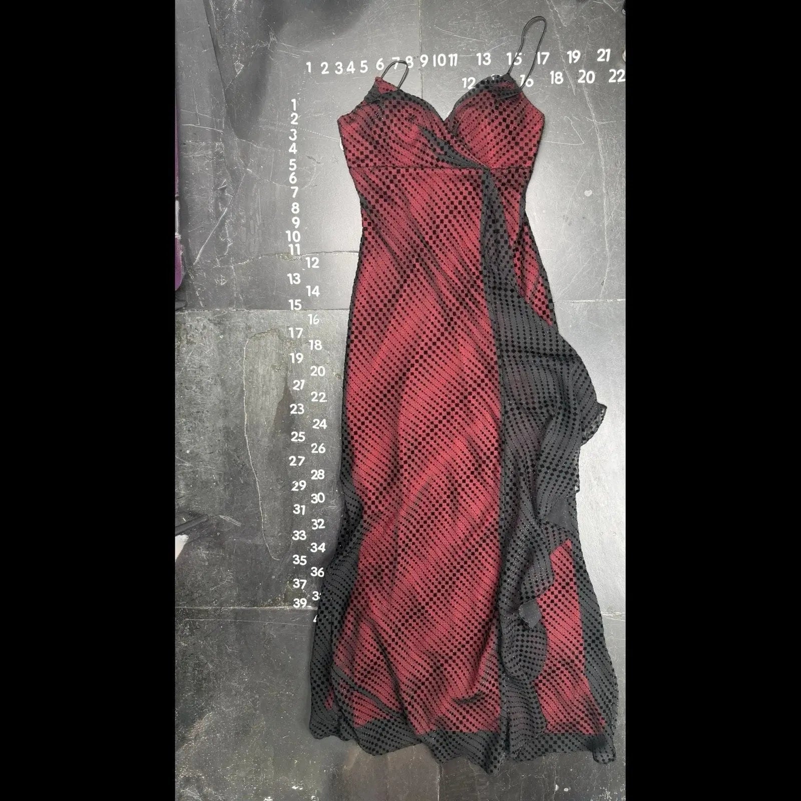 De Laru Collection Vintage Red & Black Mesh Overlay Ruffle Maxi Dress Size 5/6 De Laru Collection