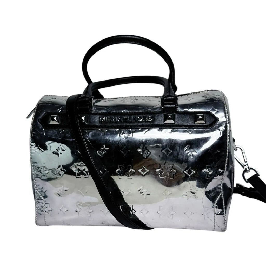Michael Kors Kara Metallic Silver Mirror Leather Satchel Duffel Bag Michael Kors