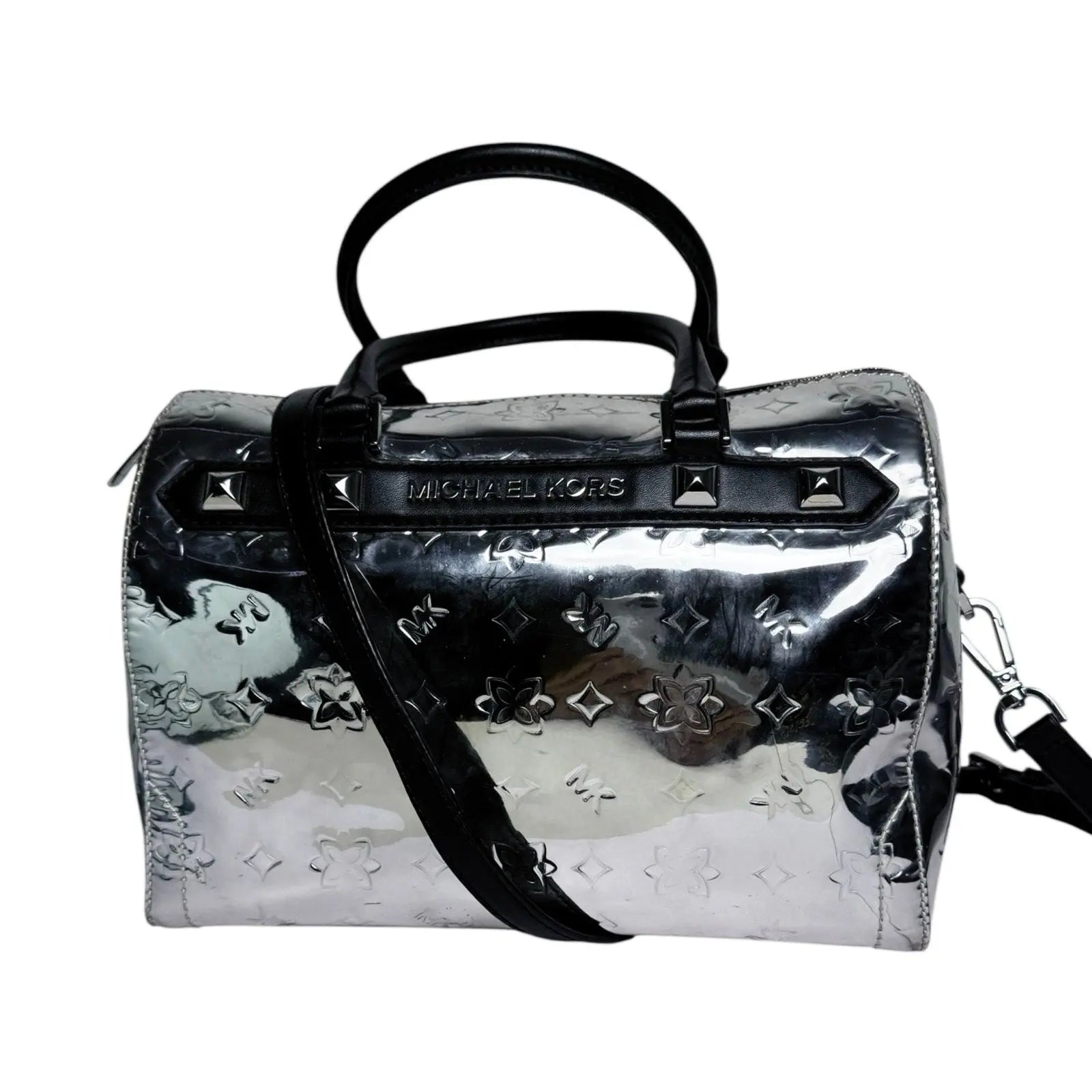 Michael Kors Kara Metallic Silver Mirror Leather Satchel Duffel Bag Michael Kors