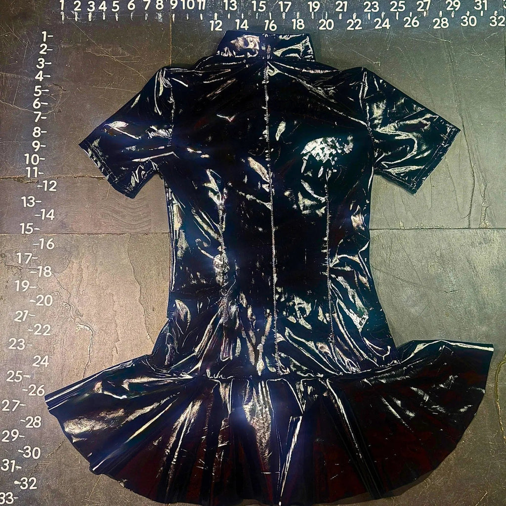 Miaou Frankie Black Latex PVC Short Sleeve Mini Dress with Back O-Ring Zipper Miaou
