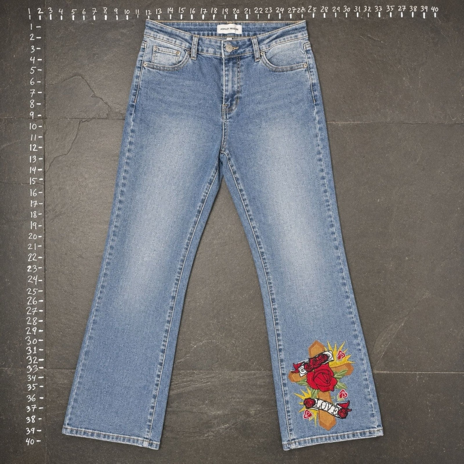 Ashley Mason Size 9 Embroidered Rose Cross Flare Jeans