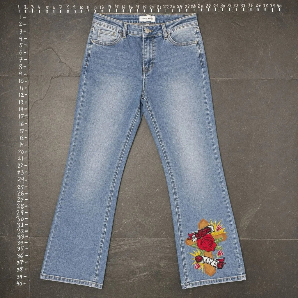 Ashley Mason Size 9 Embroidered Rose Cross Flare Jeans Ashley Mason