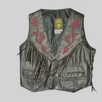 Vintage Gypsy Leathers Fringe Biker Vest, Red Rose Embroidery - Made in USA gypsy leathers