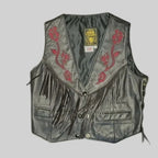 Vintage Gypsy Leathers Fringe Biker Vest, Red Rose Embroidery - Made in USA gypsy leathers