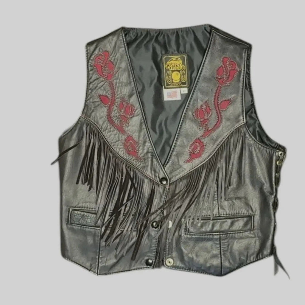 Vintage Gypsy Leathers Fringe Biker Vest, Red Rose Embroidery - Made in USA gypsy leathers