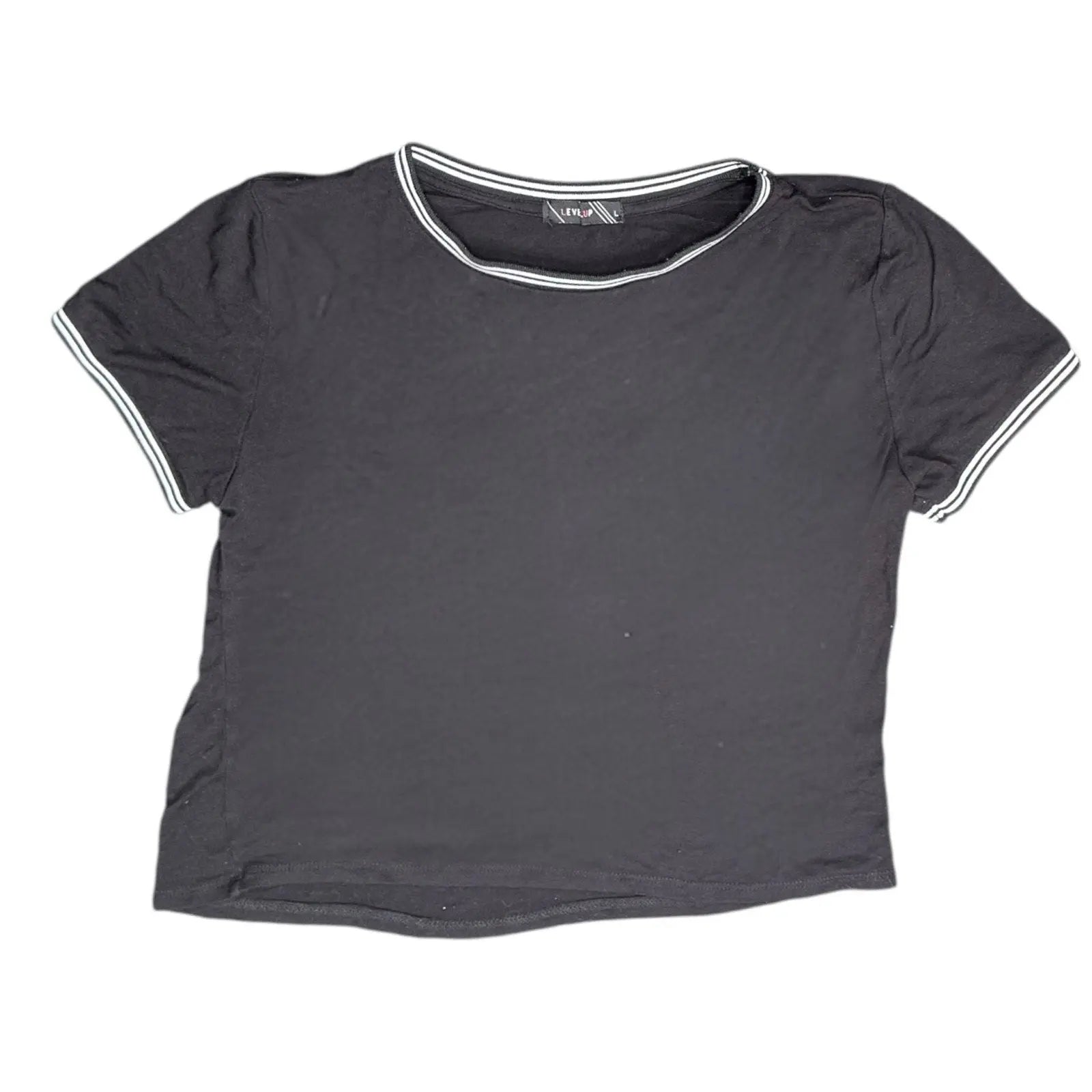 Level Up Women's Black Ringer Cropped Baby Tee with Stripe Detail Level Up