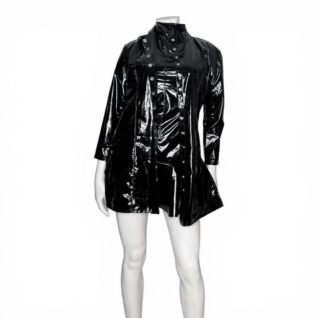 Patrice Catanzaro Black Vinyl Patent Button Down Crepuscule Mini Dress Patrice Catanzaro
