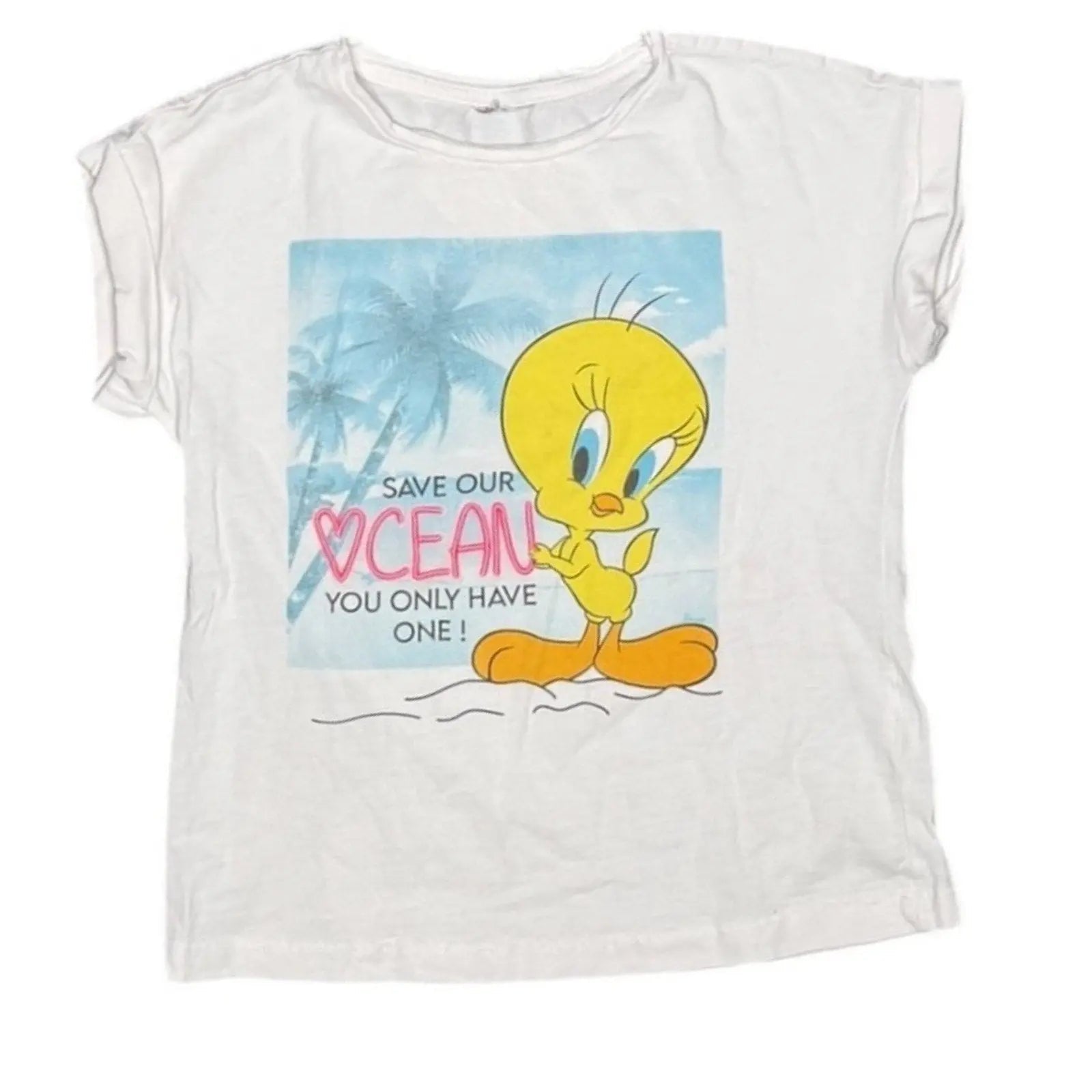 Tweety Women's Juniors Cropped T-Shirt with Ruched O-Ring - .com, Looney Tunes