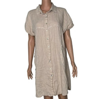 Azucar 100% Linen Short Sleeve Button Front Fringe Trim Shirt Dress with Pockets Azucar