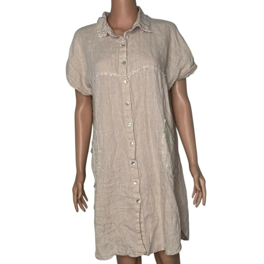 Azucar 100% Linen Short Sleeve Button Front Fringe Trim Shirt Dress with Pockets Azucar