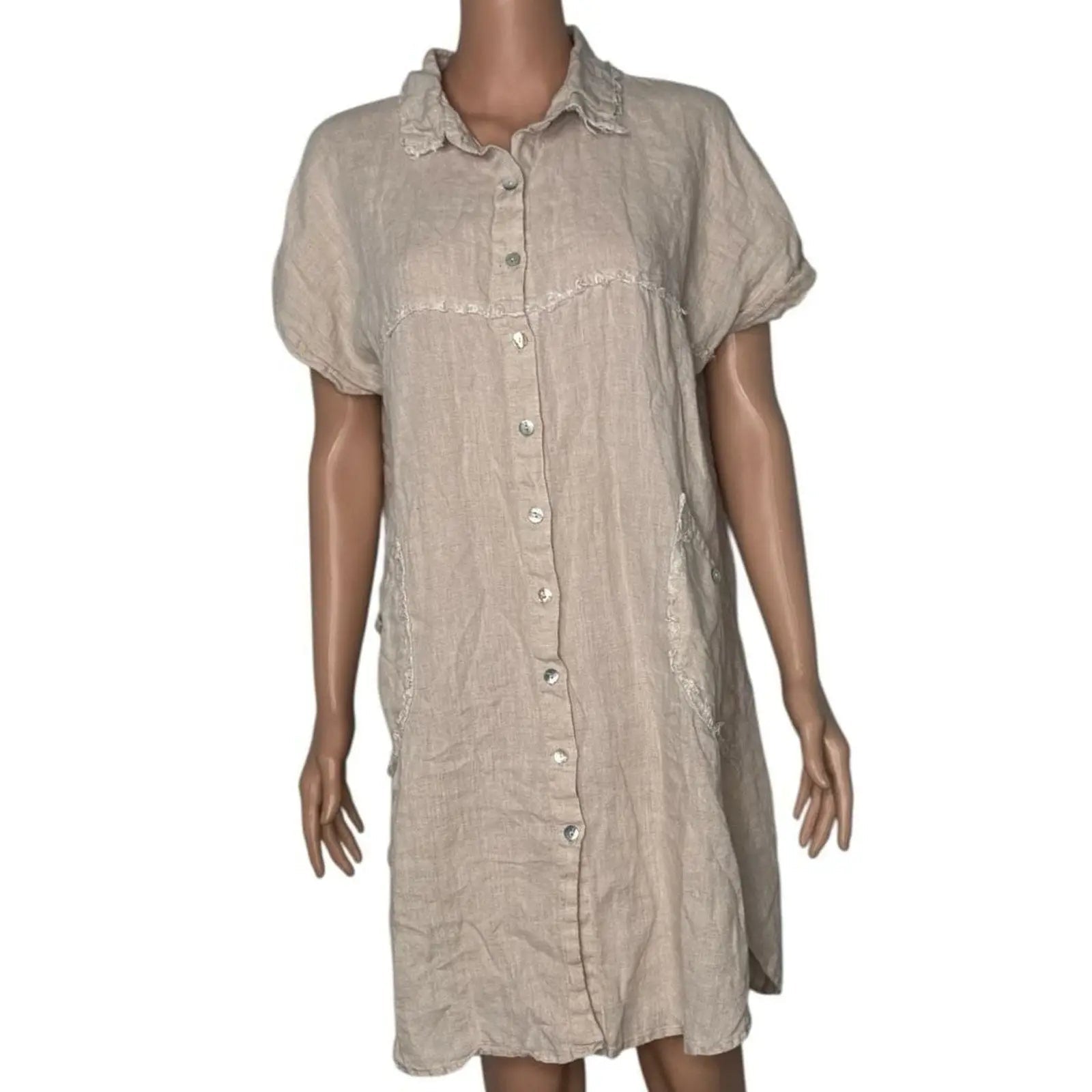 Azucar 100% Linen Short Sleeve Button Front Fringe Trim Shirt Dress with Pockets Azucar