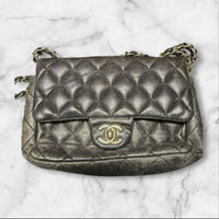 CHANEL Quilted Mini Flap Bag, Metallic Charocoal Leather, Silver-Tone Hardware. Chanel
