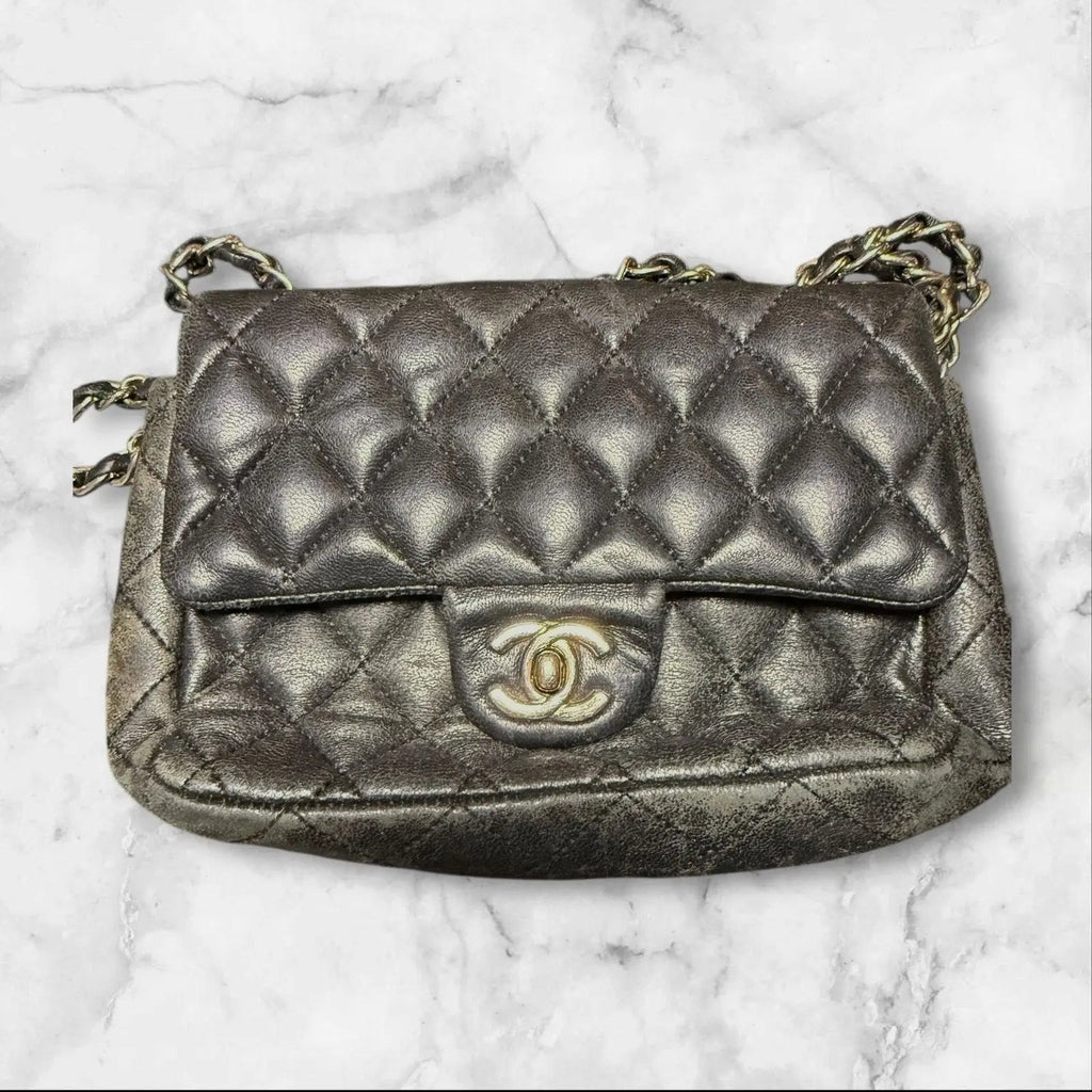 CHANEL Quilted Mini Flap Bag, Metallic Charocoal Leather, Silver-Tone Hardware. Chanel