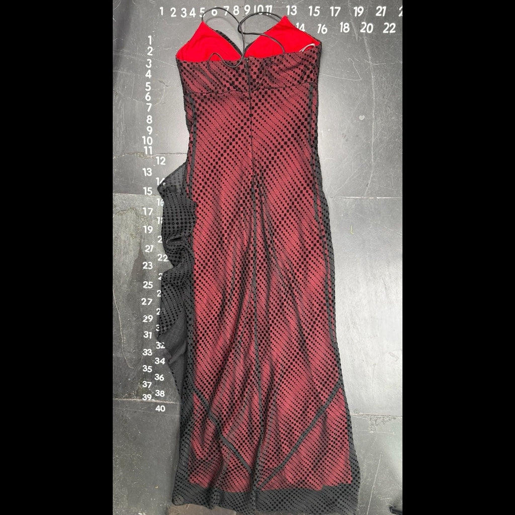 De Laru Collection Vintage Red & Black Mesh Overlay Ruffle Maxi Dress Size 5/6