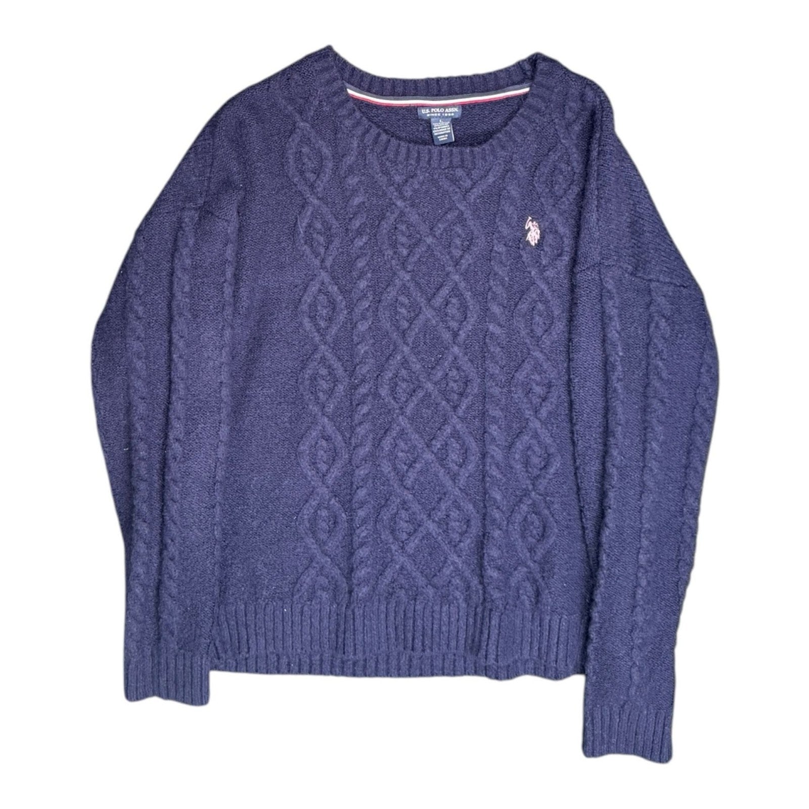 U.S. Polo Assn. Women's Cable Knit Crew Neck Sweater Navy Blue Large