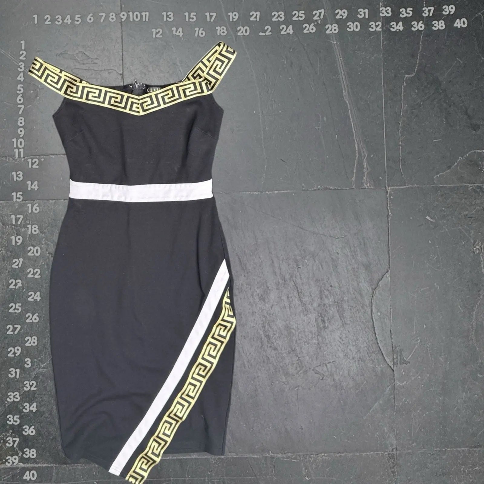 CEFIAN Black Off-The-Shoulder Midi Dress with Gold Greek Key Trim CEFIAN