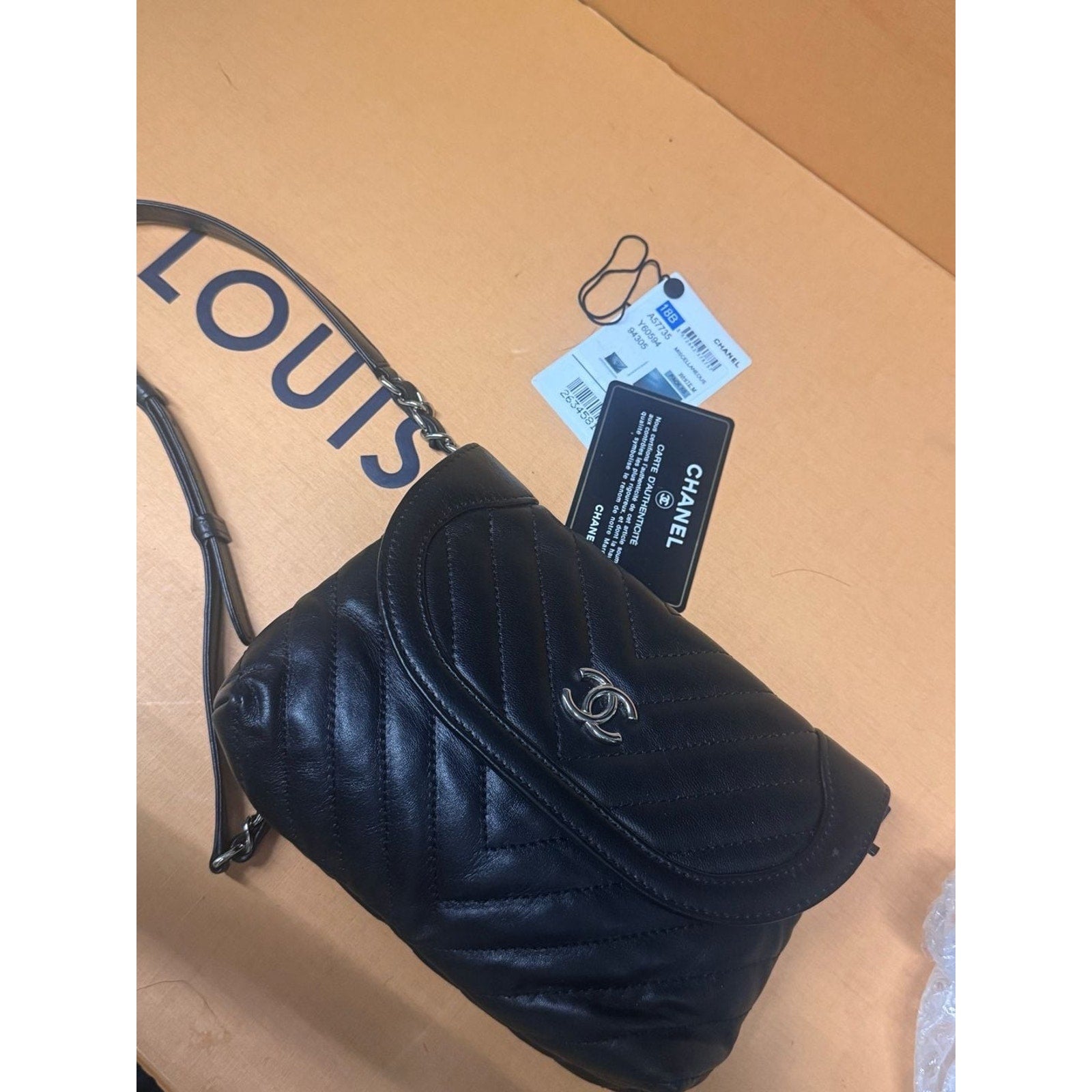 Chanel Black Chevron Calfskin Small CC Pouch Bag with Chain