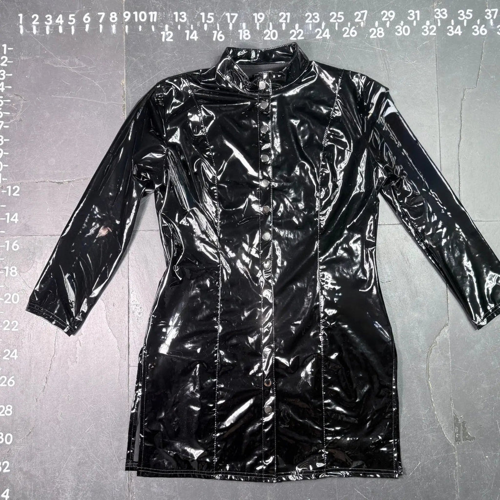 Patrice Catanzaro Black Vinyl Patent Button Down Crepuscule Mini Dress Patrice Catanzaro