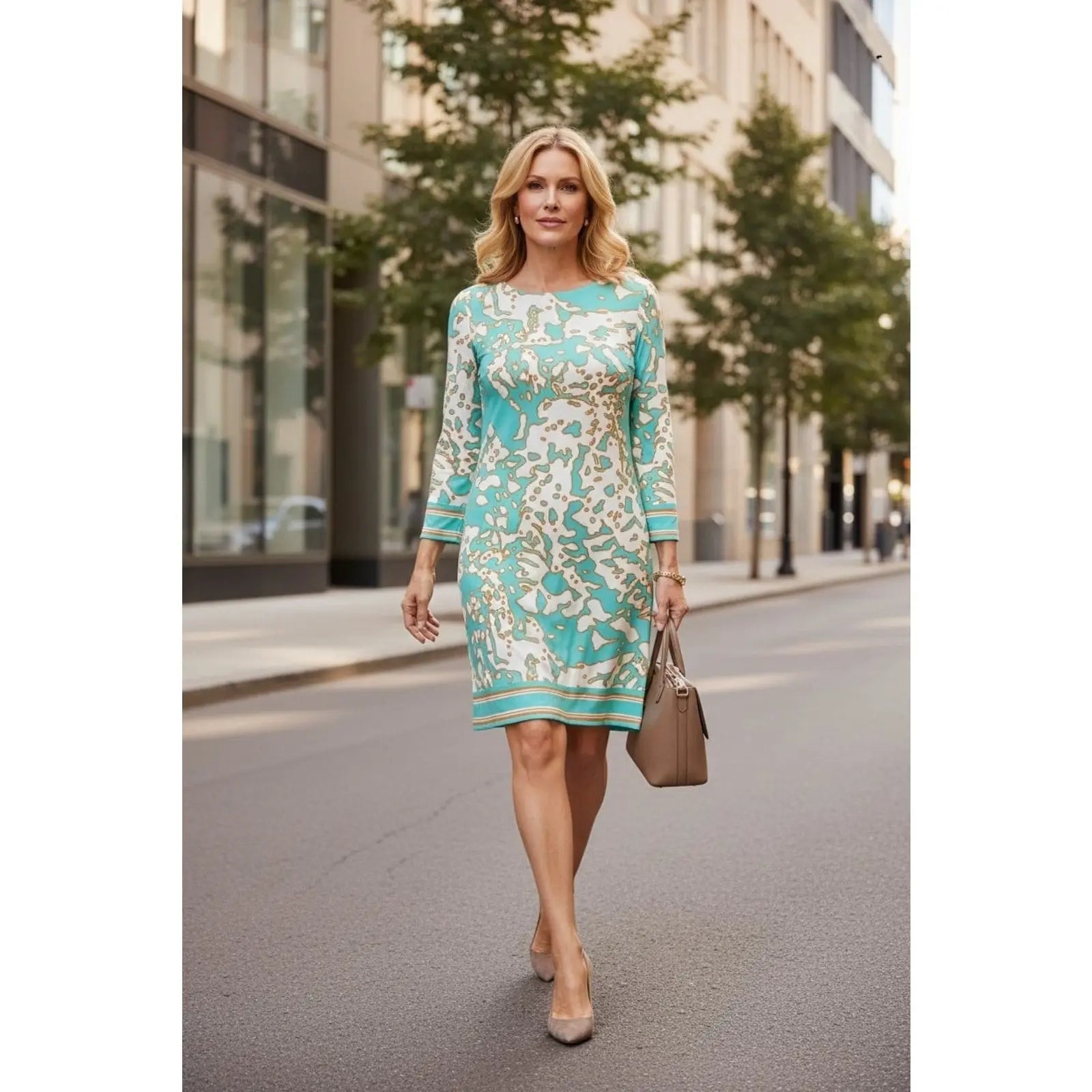 Michael Kors Teal Abstract Print 3/4 Sleeve Shift Dress, Size M giving blooms foundation