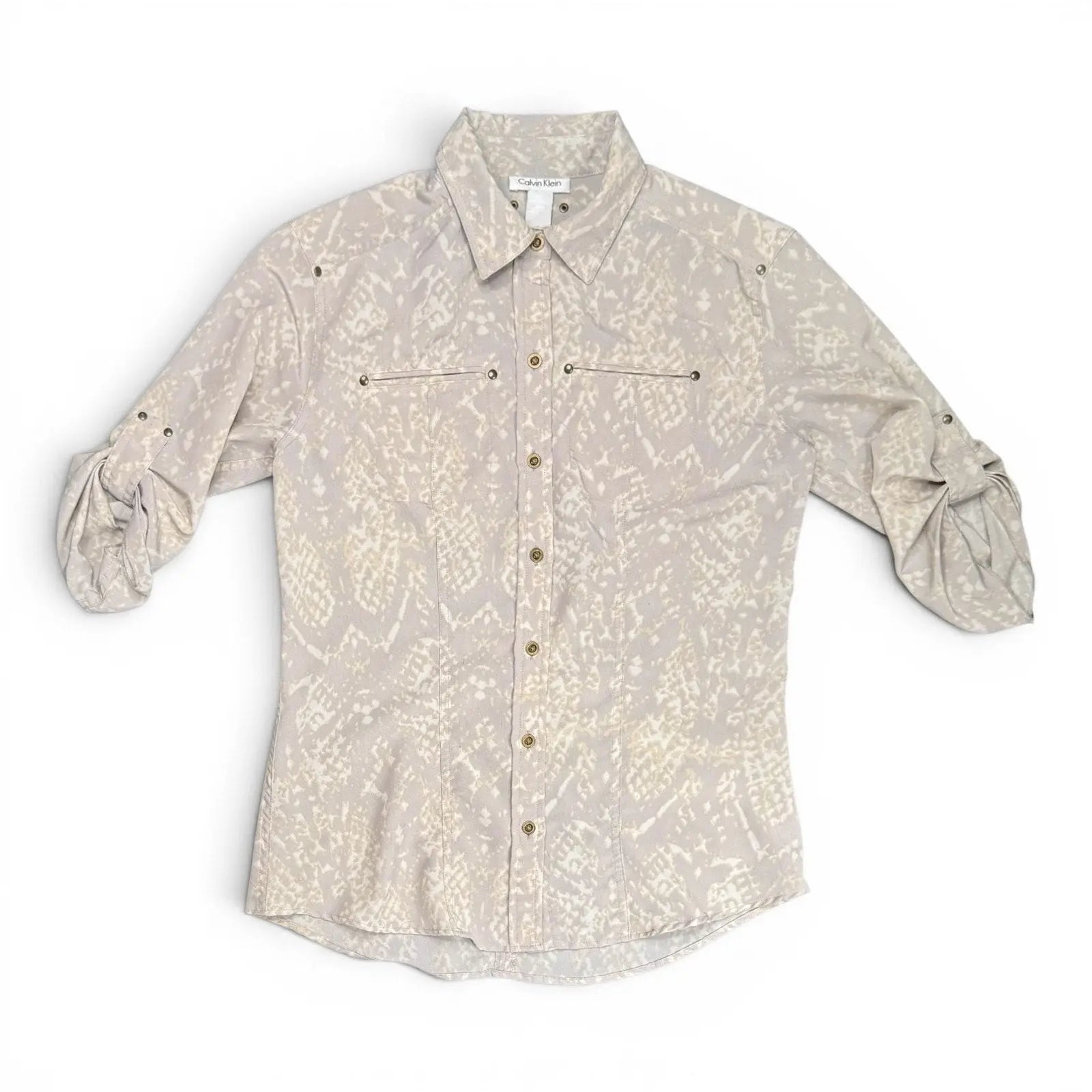 Calvin Klein Snakeskin Print Roll-Tab Sleeve Utility Button Down Shirt Calvin Klein