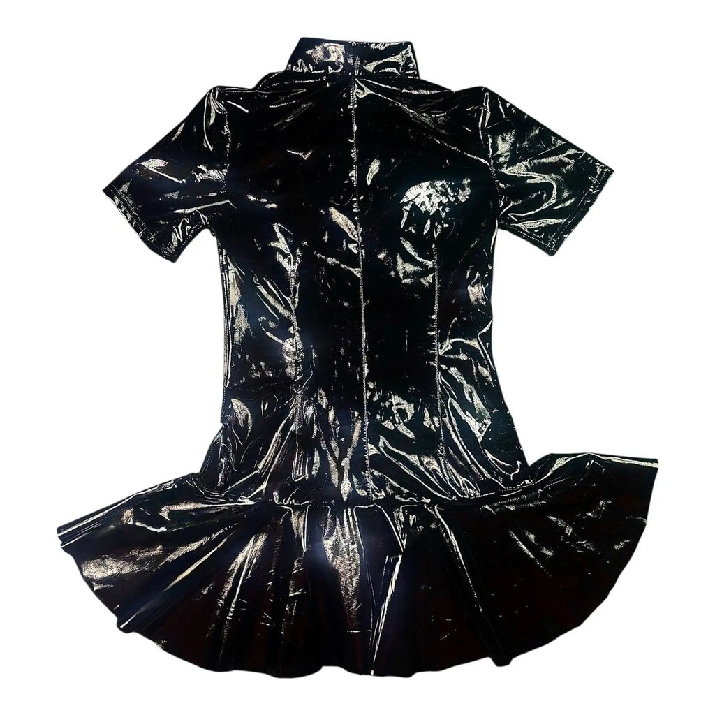Miaou Frankie Black Latex PVC Short Sleeve Mini Dress with Back O-Ring Zipper Miaou