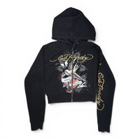 Ed Hardy Born Free Bird & Rose Cropped Zip-Up Hoodie Size M